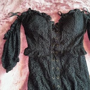 cottagecore black lace up puff sleeve dress